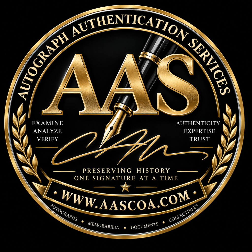 Official Autograph Authentication Services seal — Examine, Analyze, Verify. Preserving history one signature at a time. aascoa.com