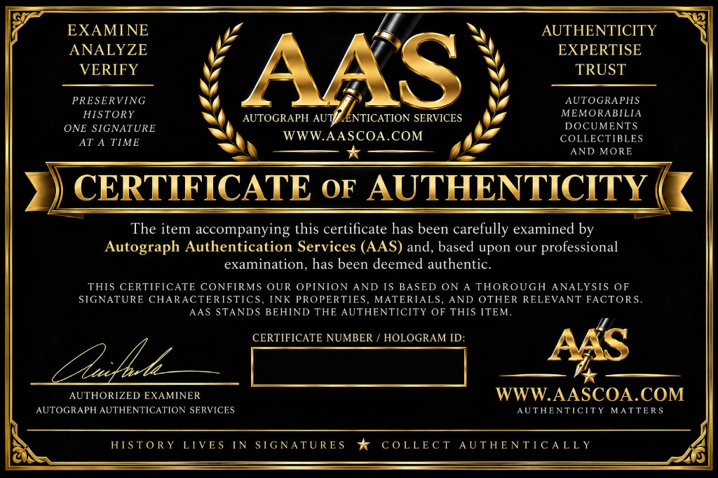 Sample AAS certificate of authenticity on a black and gold form, with a blank cert number box.