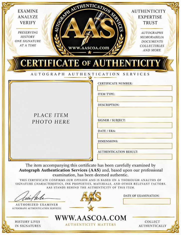 Sample AAS certificate with a place for the item photo, cert number, signer, and examination details.